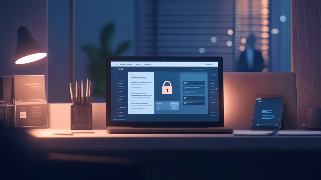 Ordinateur affichant un écran de protection des données dans un bureau professionnel, illustrant un service de mise en conformité RGPD et sécurité informatique