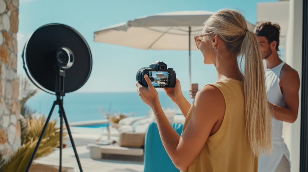 Influenceuse prenant des photos dans un hôtel en bord de mer avec éclairage professionnel, pour une campagne de marketing d’influence