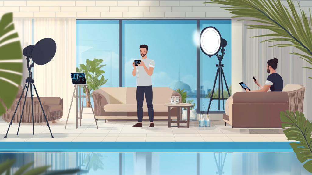 Illustration d’influenceurs créant du contenu vidéo dans un hôtel avec lumière professionnelle et équipements, dans le cadre d’une stratégie de marketing d’influence