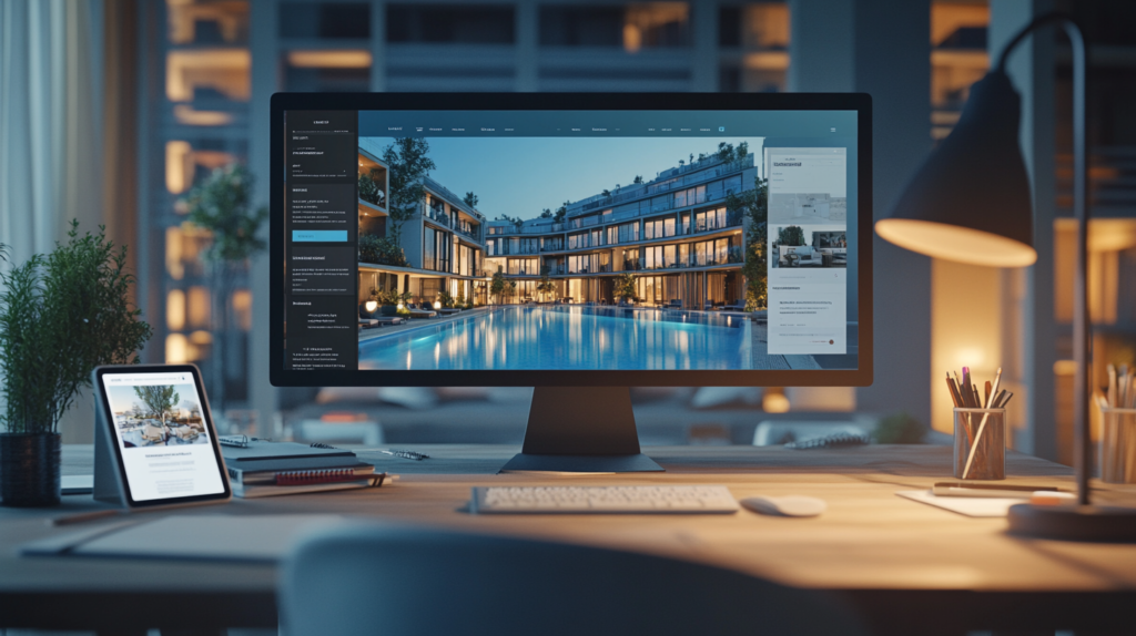 Site web d’un hôtel de luxe affiché sur ordinateur et tablette, avec design moderne et responsive pour générer des réservations directes