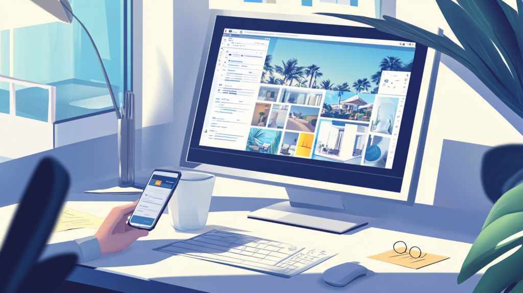 Illustration d’un community manager créant des publications Instagram d’un hôtel depuis un poste de travail moderne avec ordinateur et smartphone