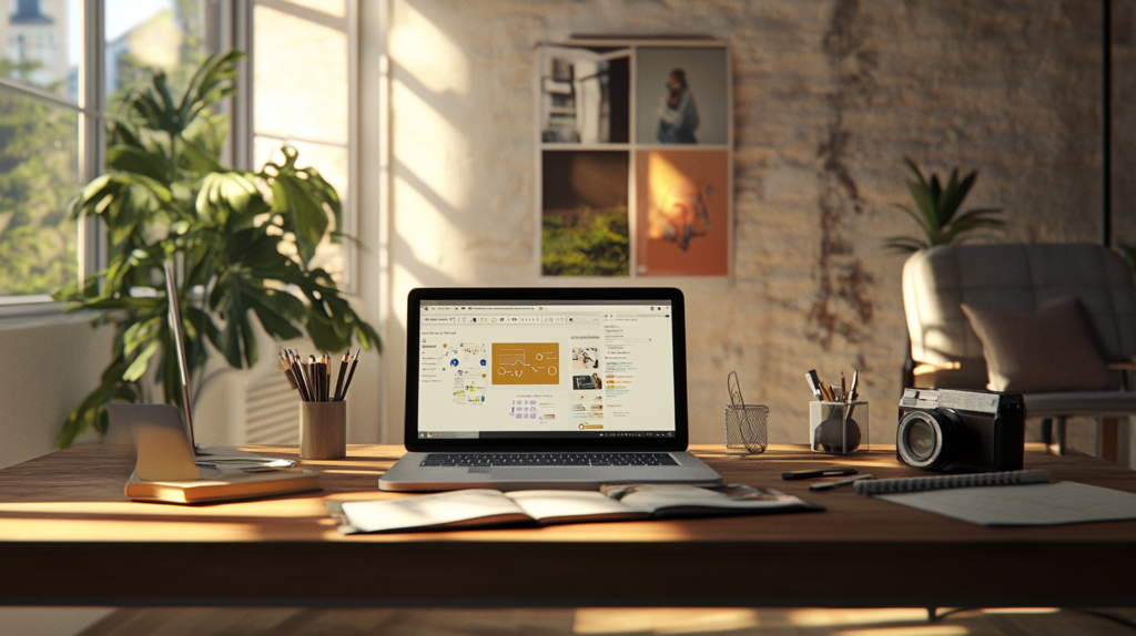 Bureau d’un designer freelance avec un ordinateur affichant des maquettes graphiques, appareil photo et fournitures créatives dans un espace lumineux et végétalisé