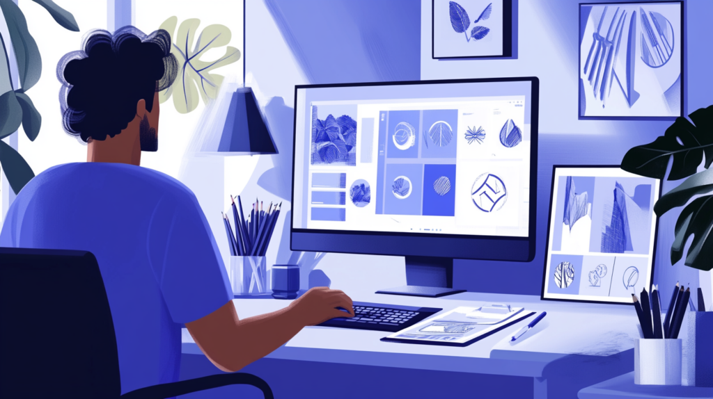 Illustration d’un créatif en pleine conception graphique sur ordinateur, représentant un service de direction artistique et de création d’identité visuelle professionnelle