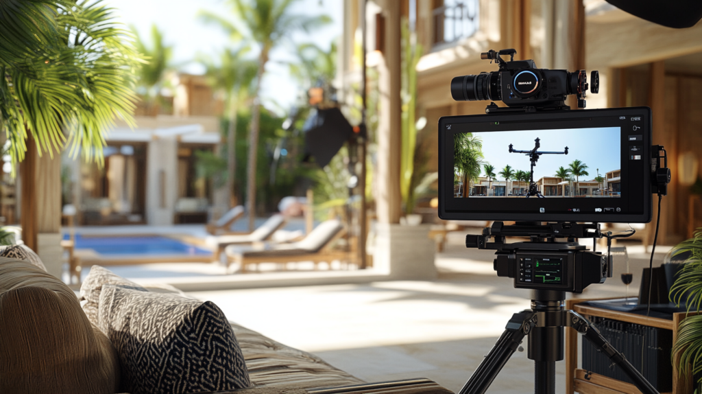 Caméra professionnelle filmant une scène dans un hôtel de luxe avec piscine et palmiers pour un reportage photo et vidéo haut de gamme
