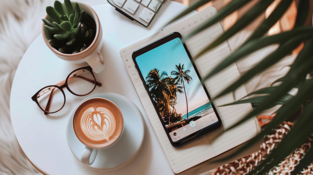 Smartphone montrant une publication Instagram d’un hôtel tropical sur une table de travail avec un café, une plante et des accessoires de community manager
