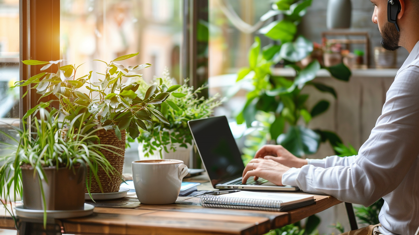 Freelance en communication digitale travaillant sur un ordinateur portable dans un espace de coworking rempli de plantes vertes